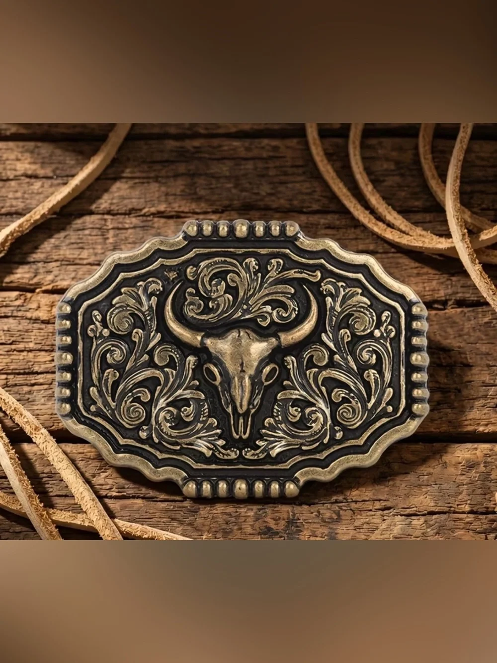 Western Bull Skull Engraved Metal Belt Buckle in Antique Gold and Black